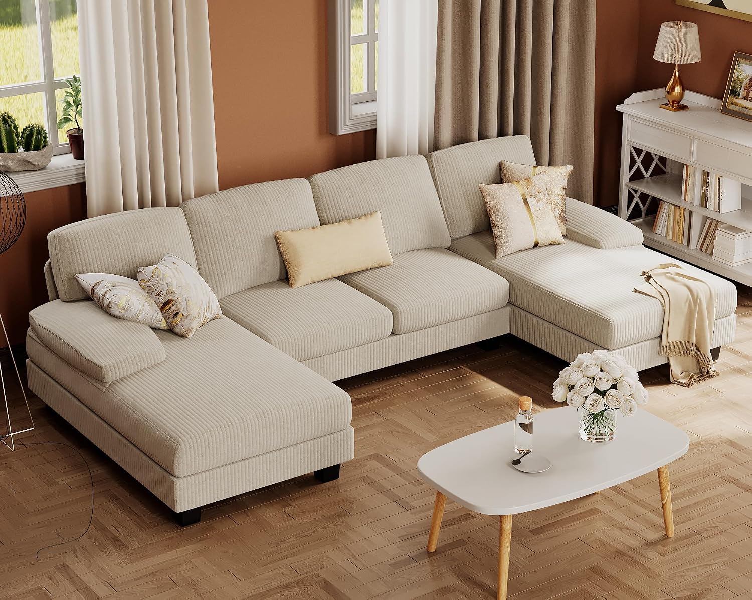 Beige Corduroy U-Shaped Sectional Sofa