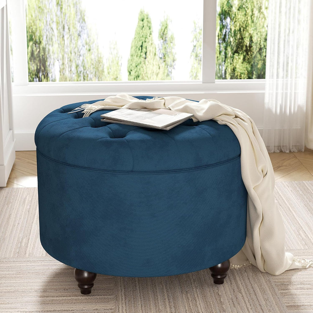 24 Inch Round Tufted Storage Ottoman Blue