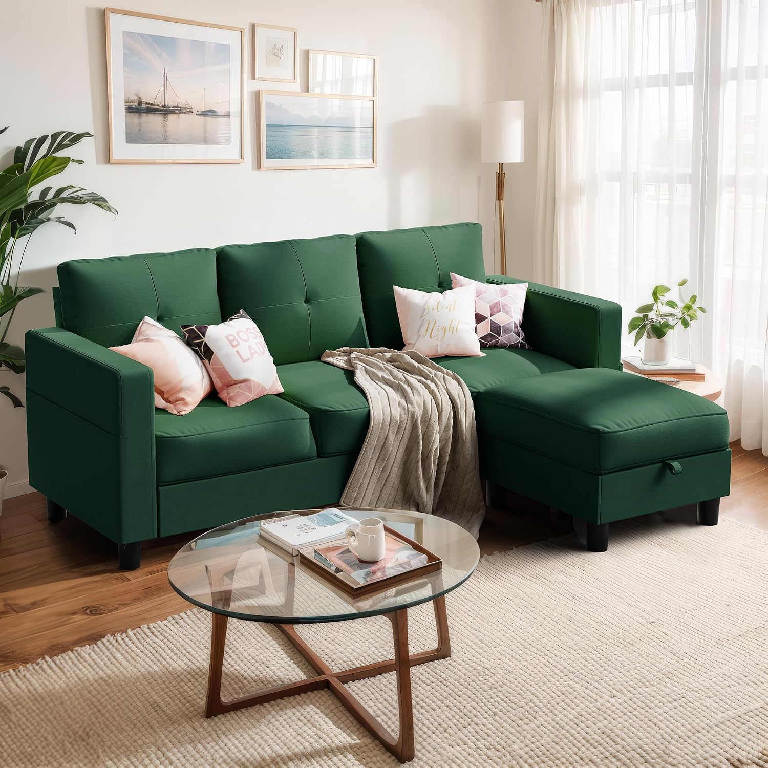 Green Linen L-Shaped Sectional Sofa