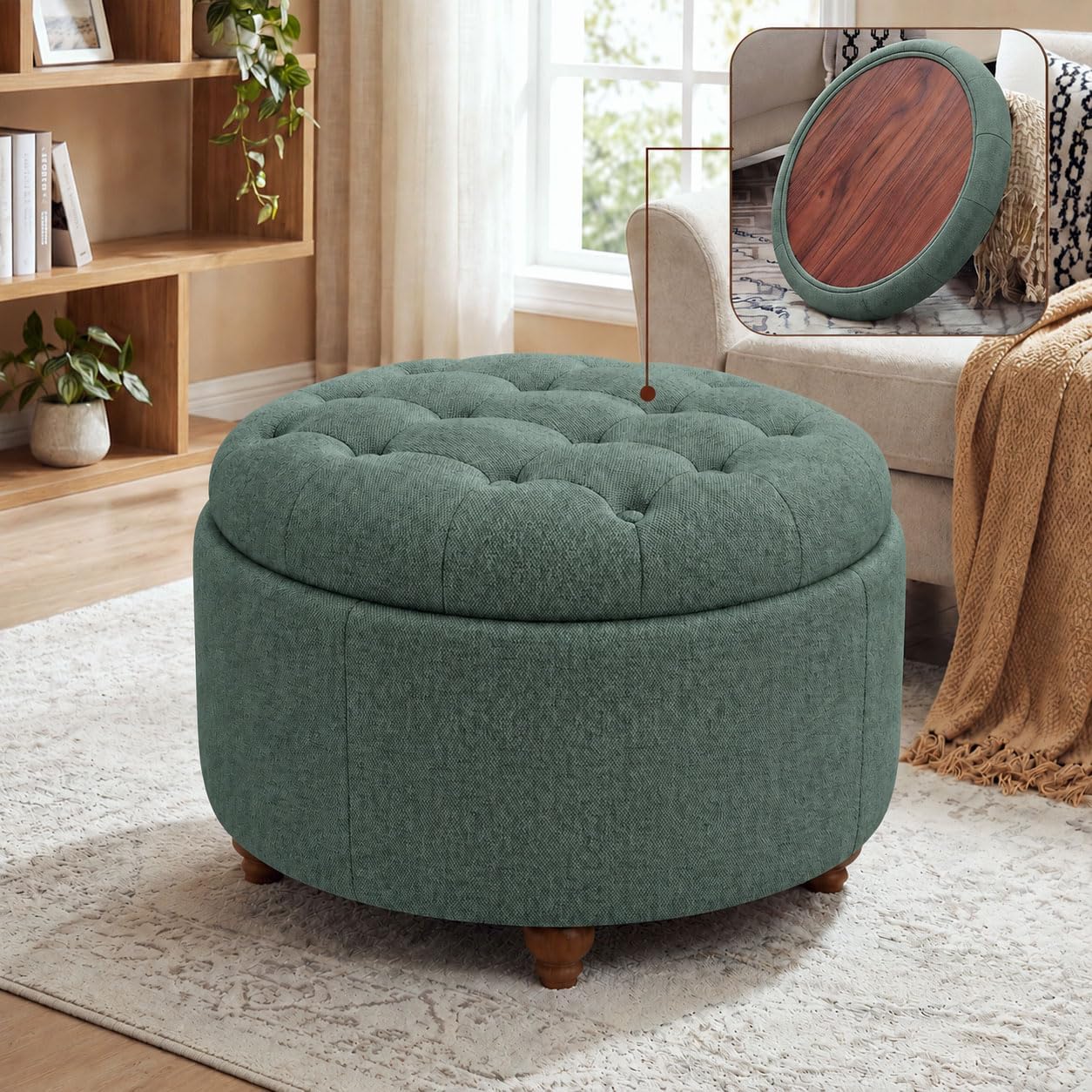 Round Fabric Storage Ottoman Green With Tray Lid