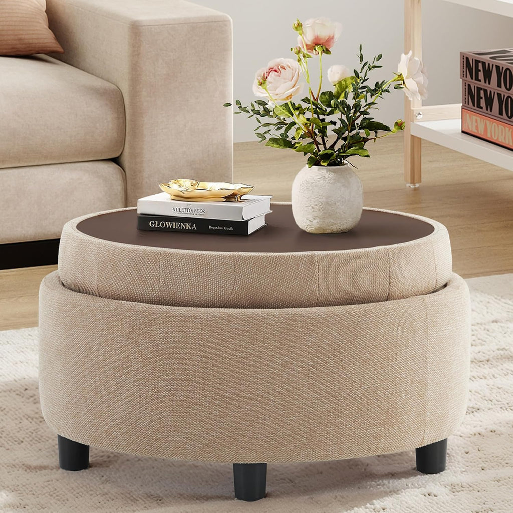 Camel Round Storage Ottoman With Tray Lid