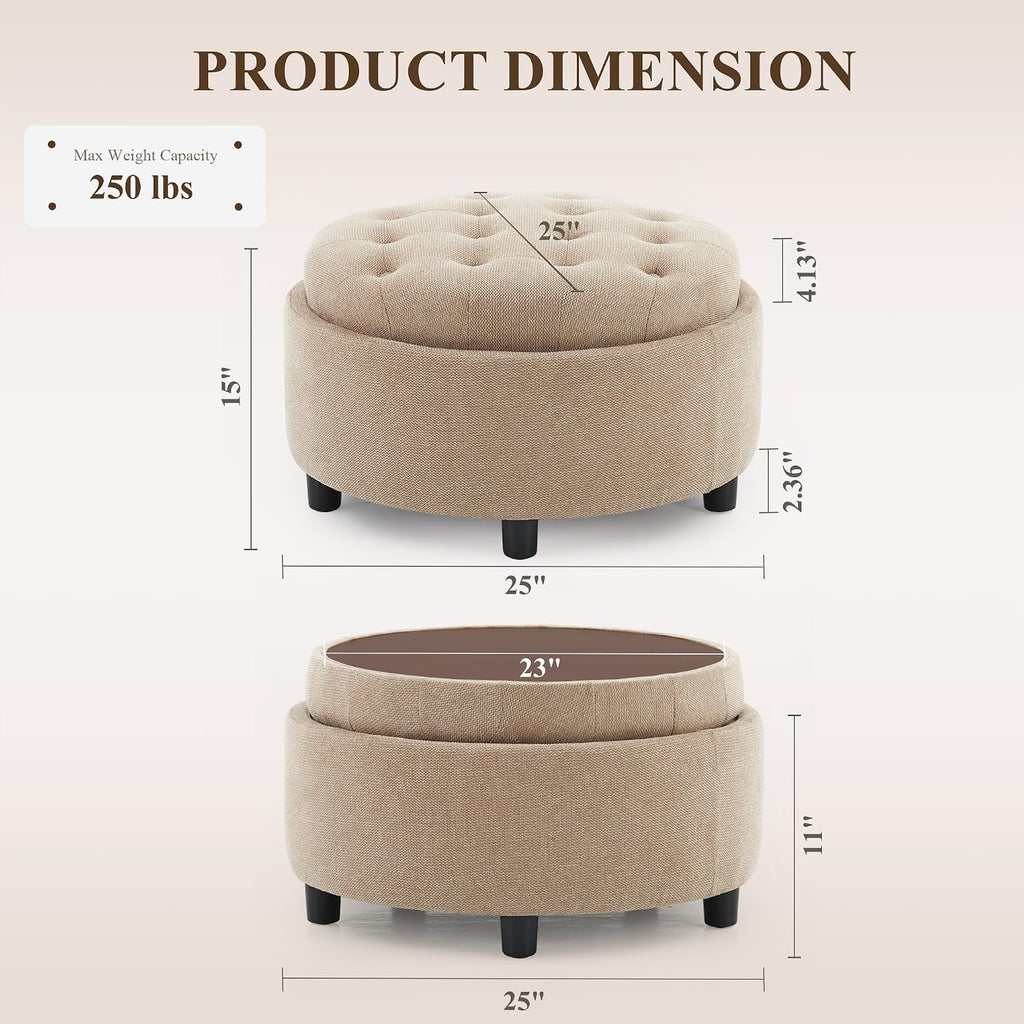 Camel Round Storage Ottoman With Tray Lid