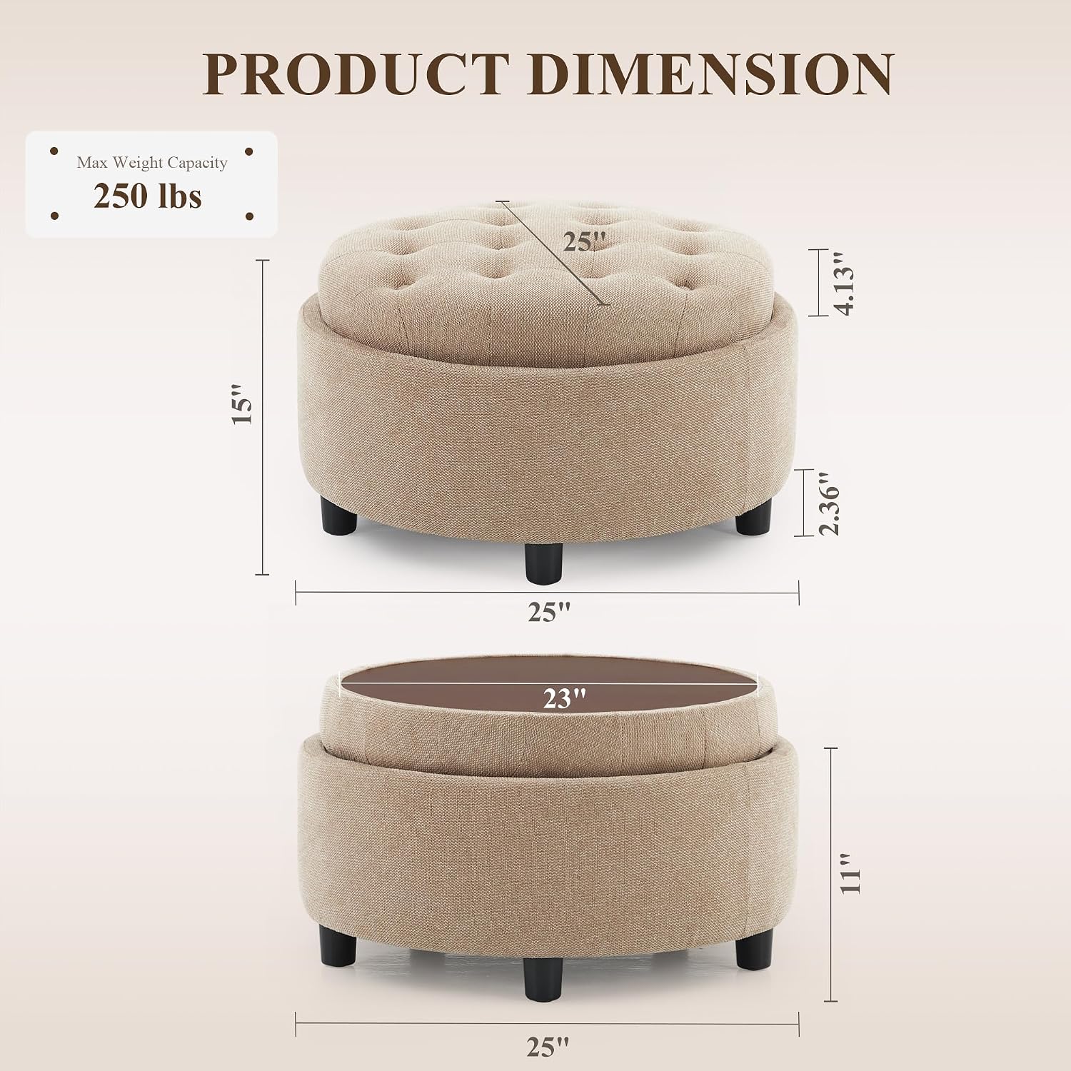 Camel Round Storage Ottoman With Tray Lid