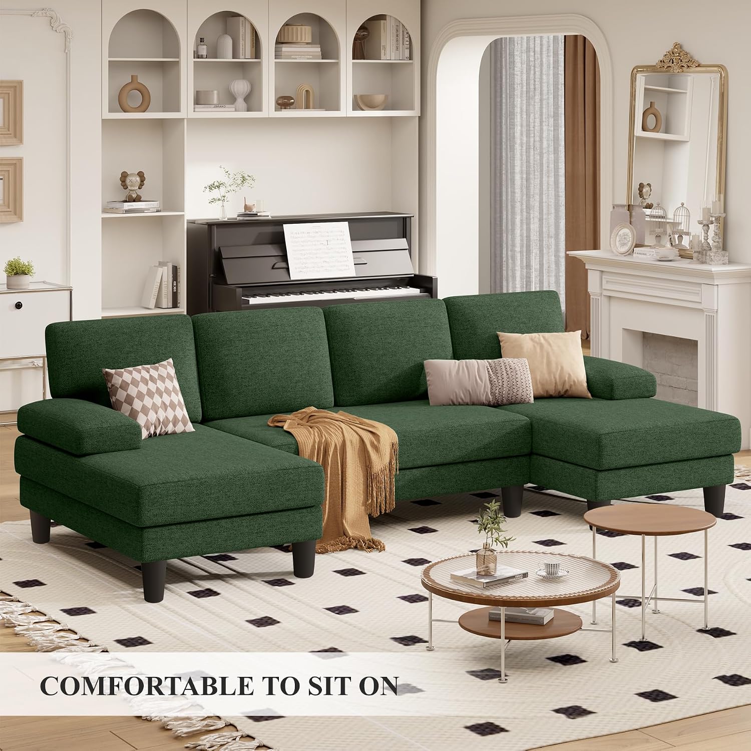 Green Linen U-Shaped Sectional Sofa