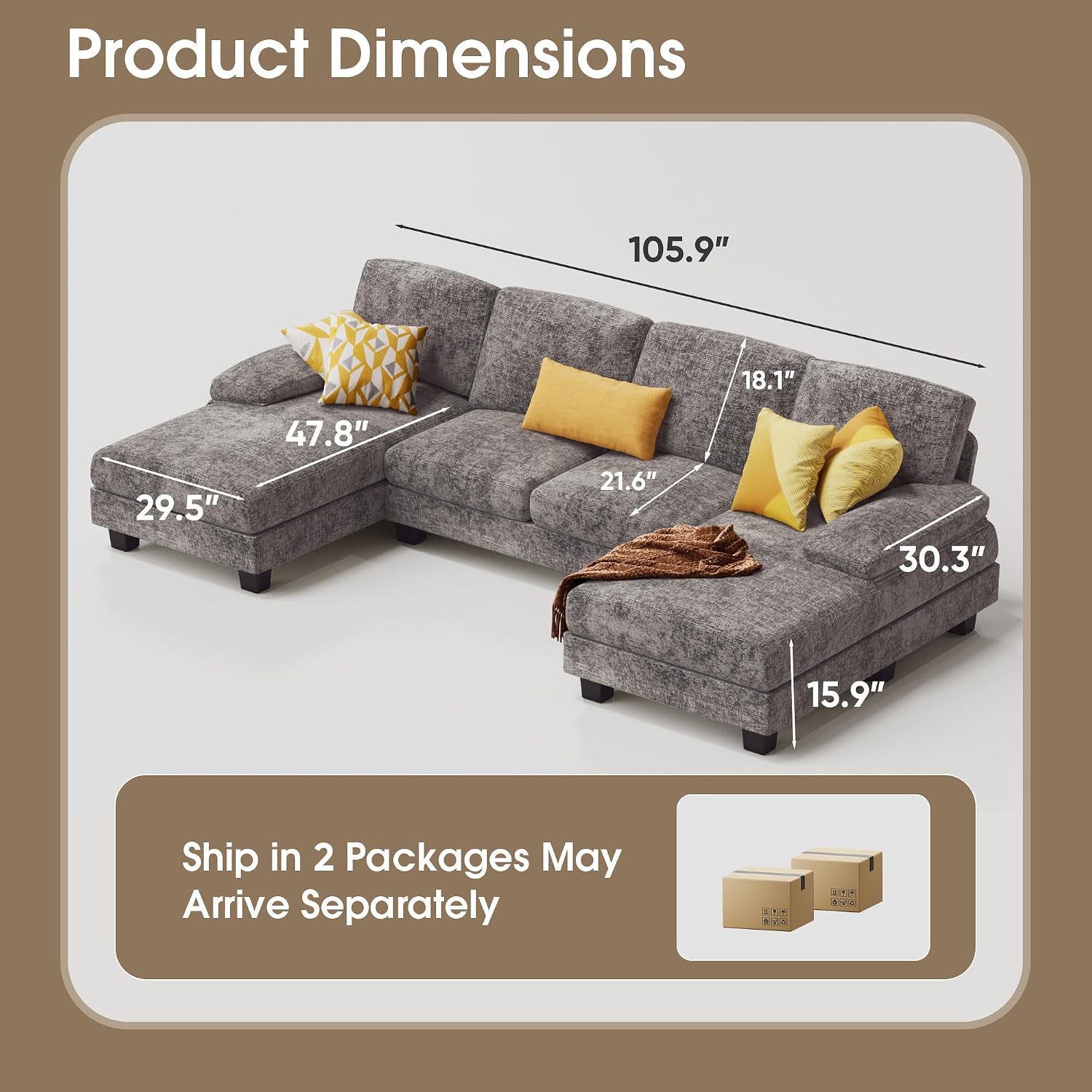 Grey Chenille U-Shaped Sectional Sofa