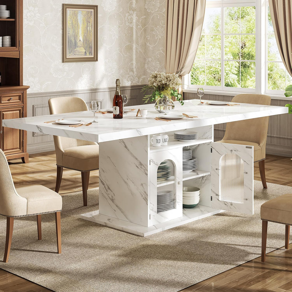 White Faux Marble Rectangular Dining Table