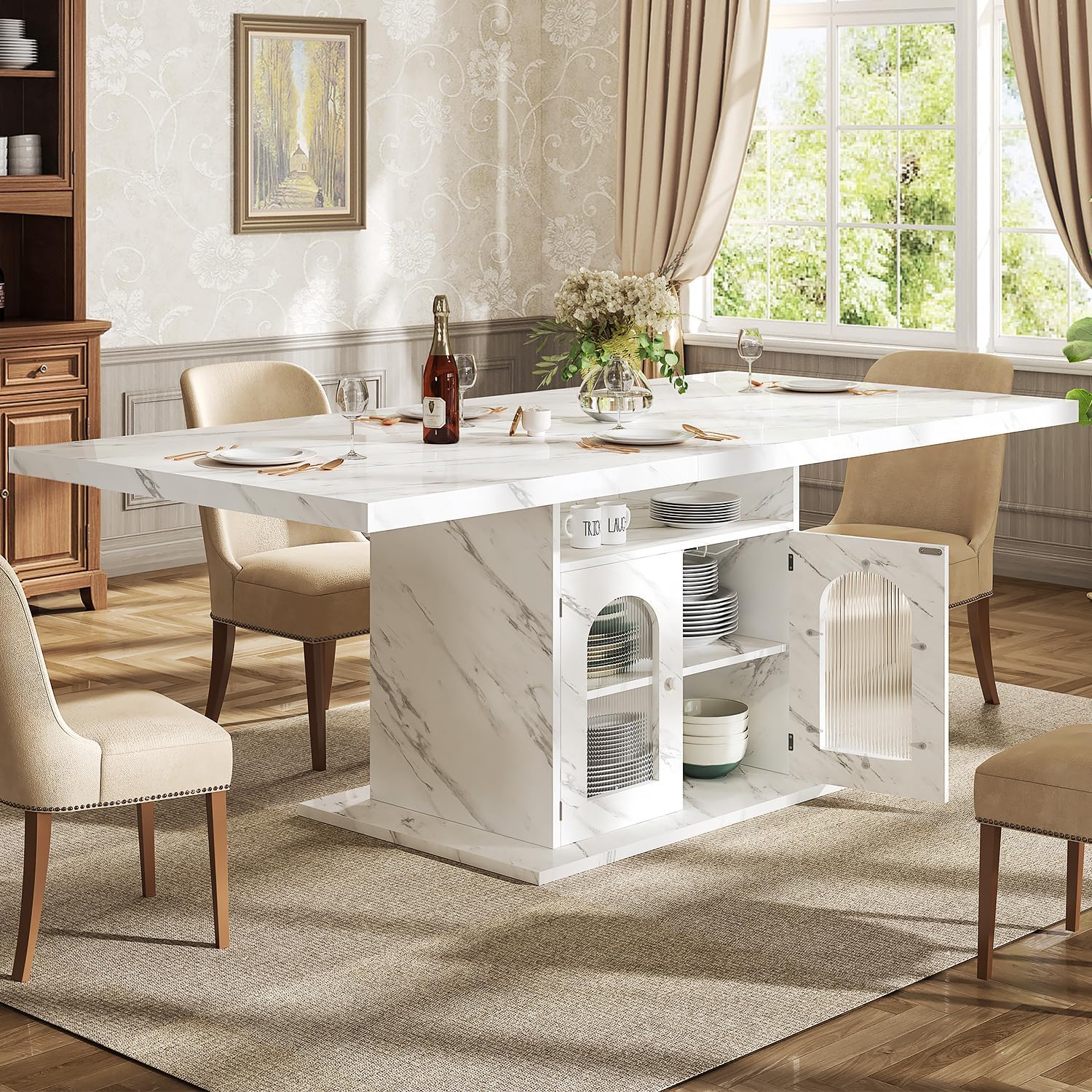 White Faux Marble Rectangular Dining Table