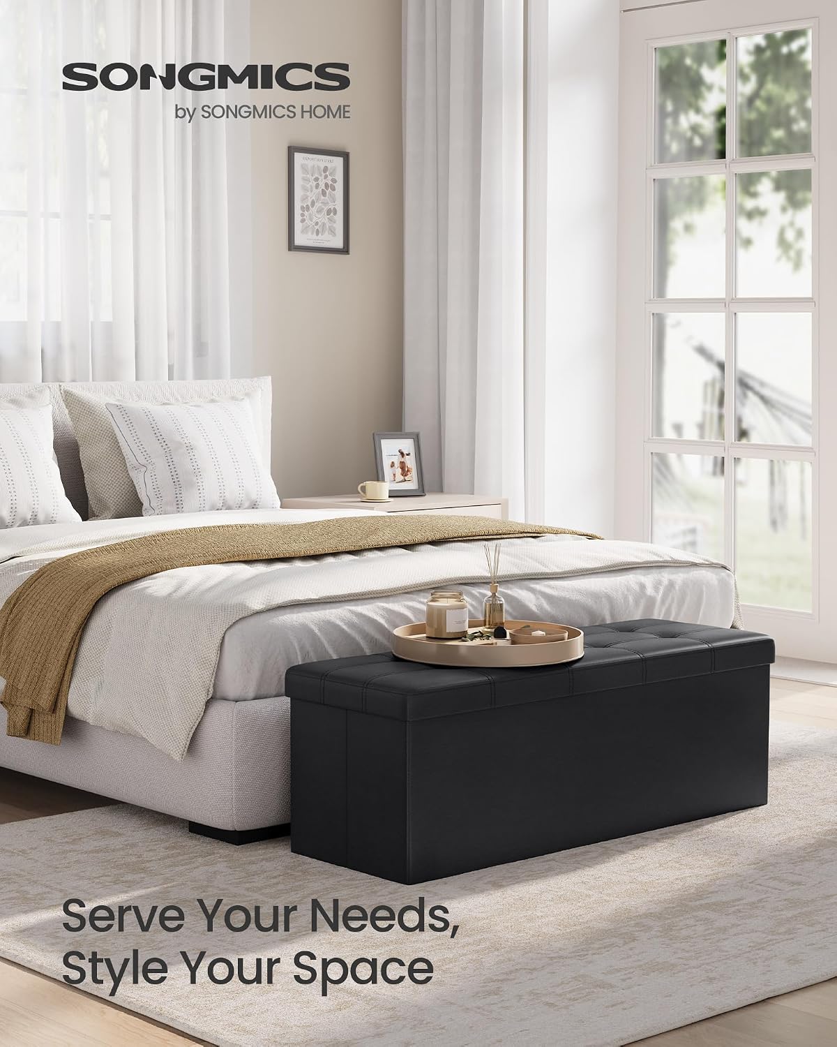 Black Folding Storage Ottoman Bench 43"