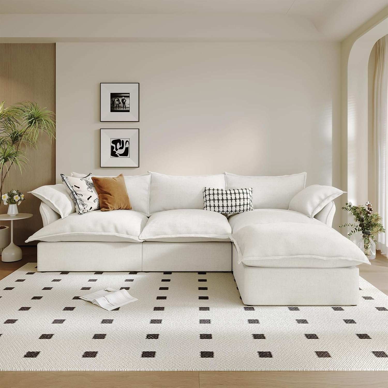 Cream White L-Shaped Cloud Sectional Sofa