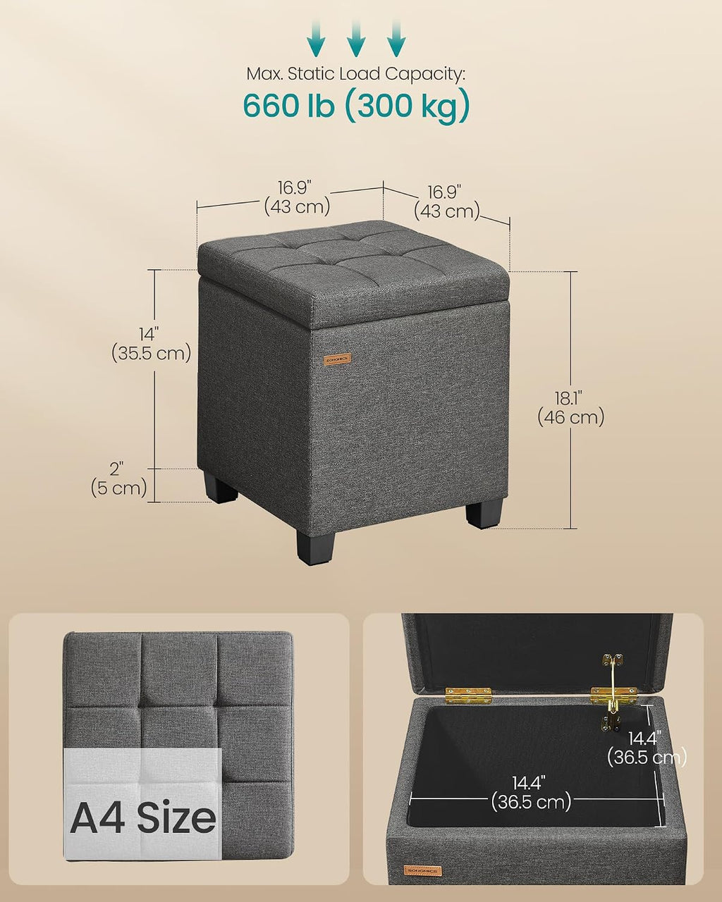 Slate Gray Square Storage Ottoman Cube