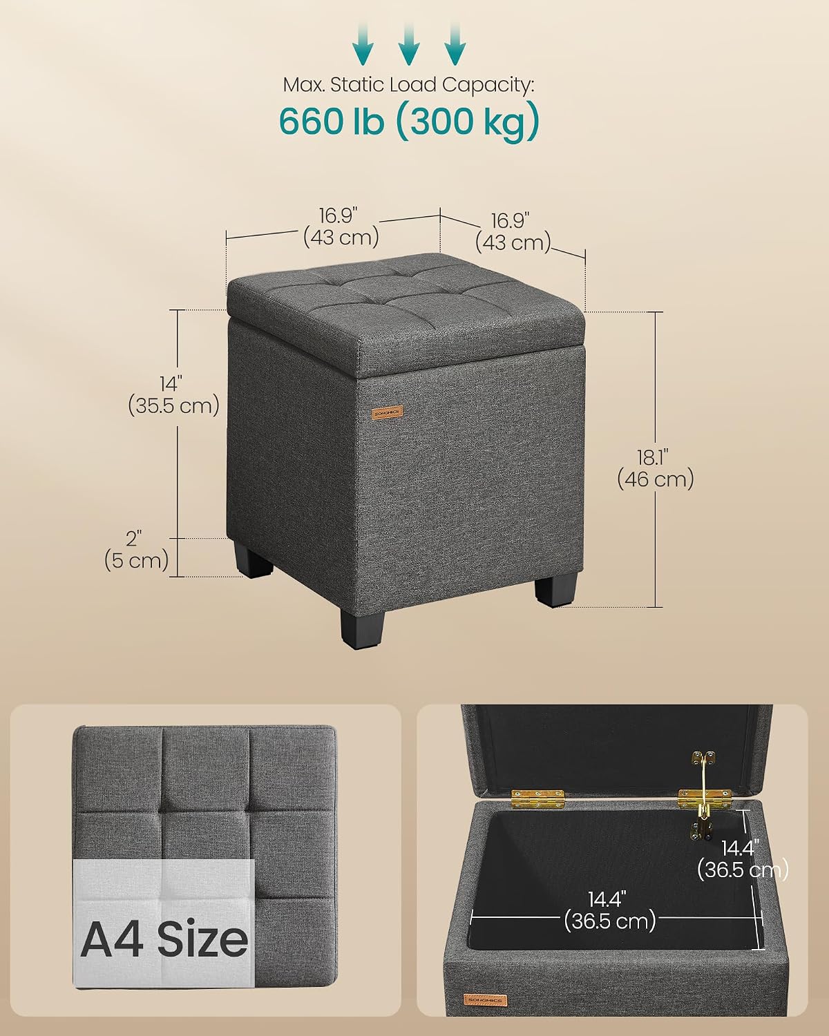 Slate Gray Square Storage Ottoman Cube