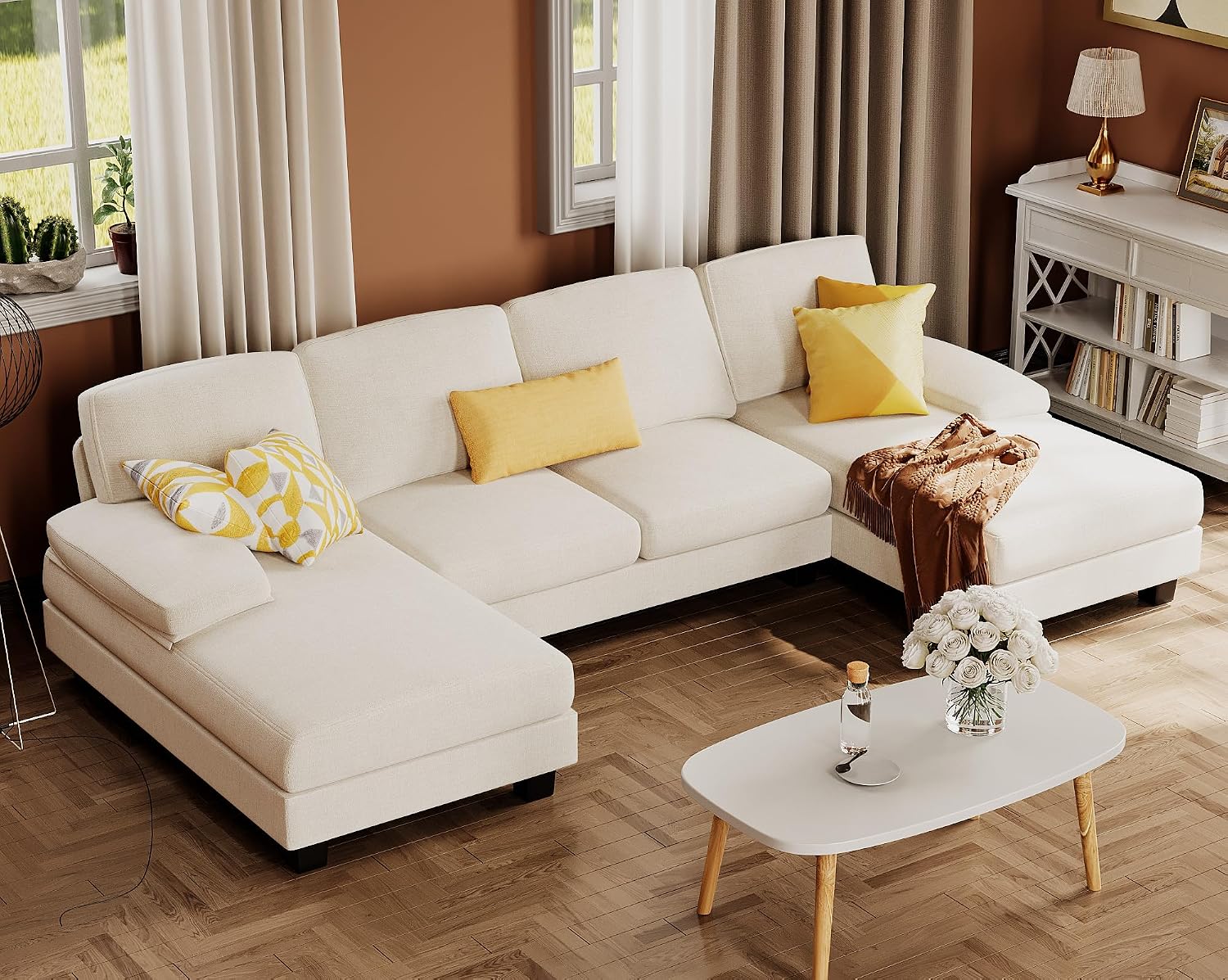 White Chenille U-Shaped Sectional Sofa