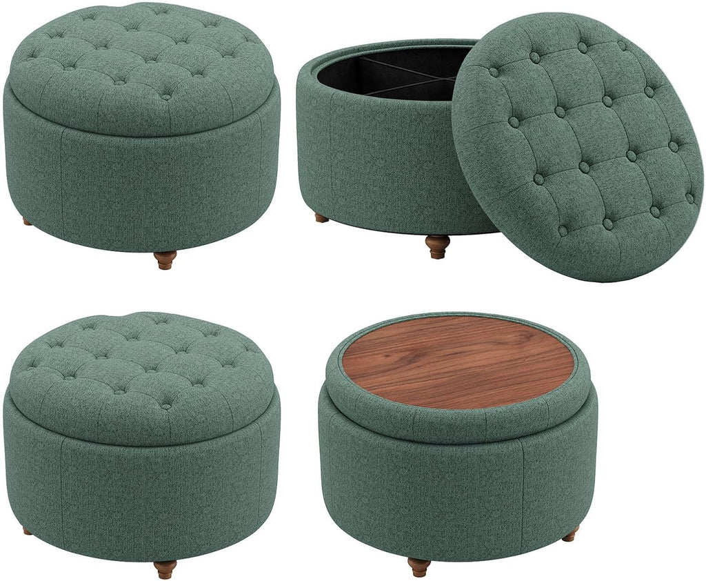 Round Fabric Storage Ottoman Green With Tray Lid