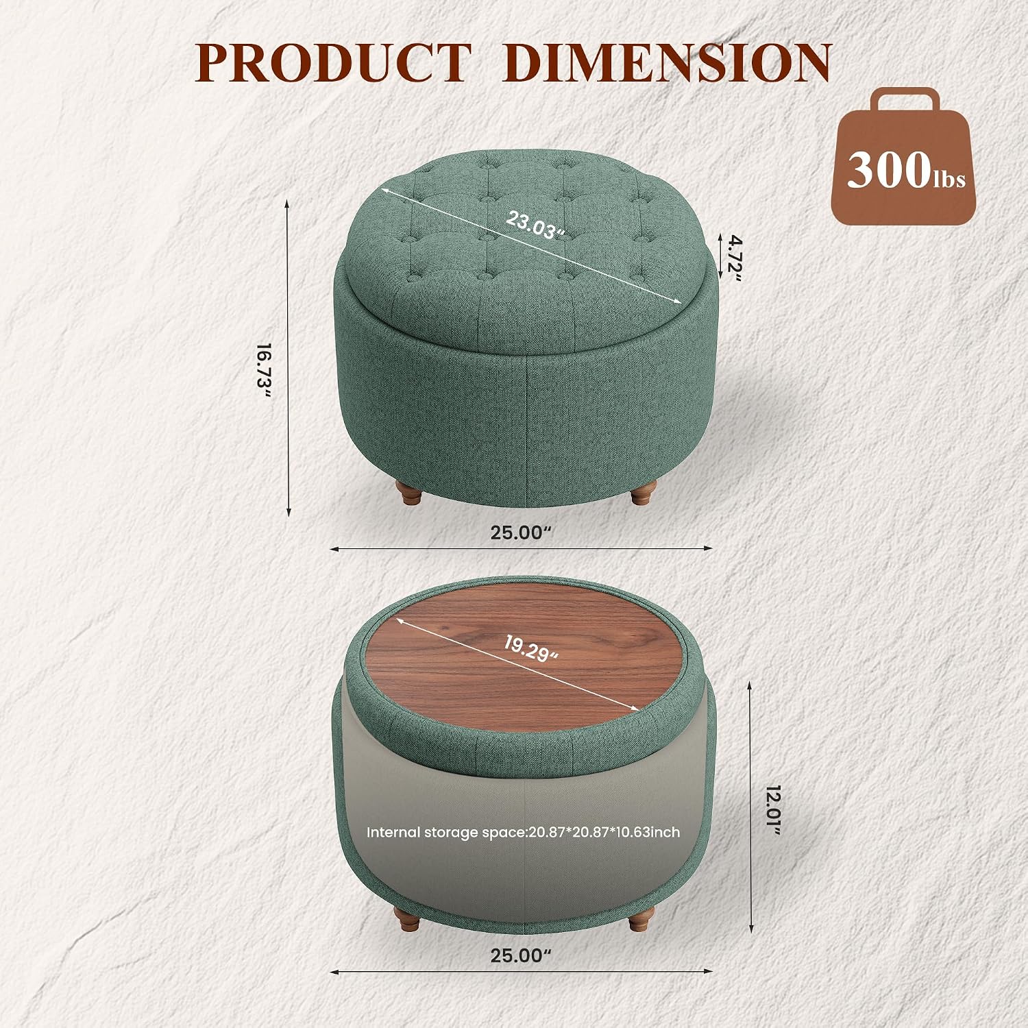 Round Fabric Storage Ottoman Green With Tray Lid