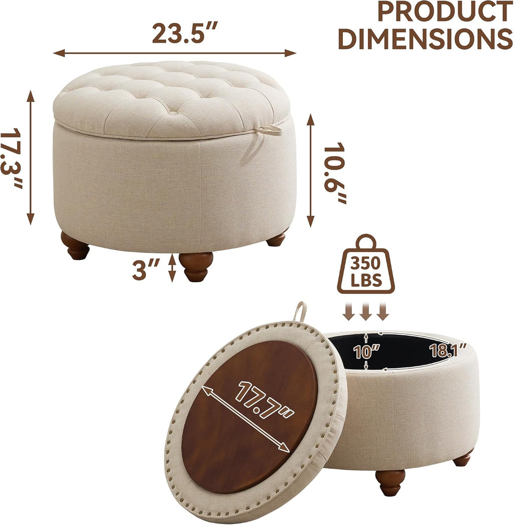 Khaki Round Tufted Storage Ottoman 24"