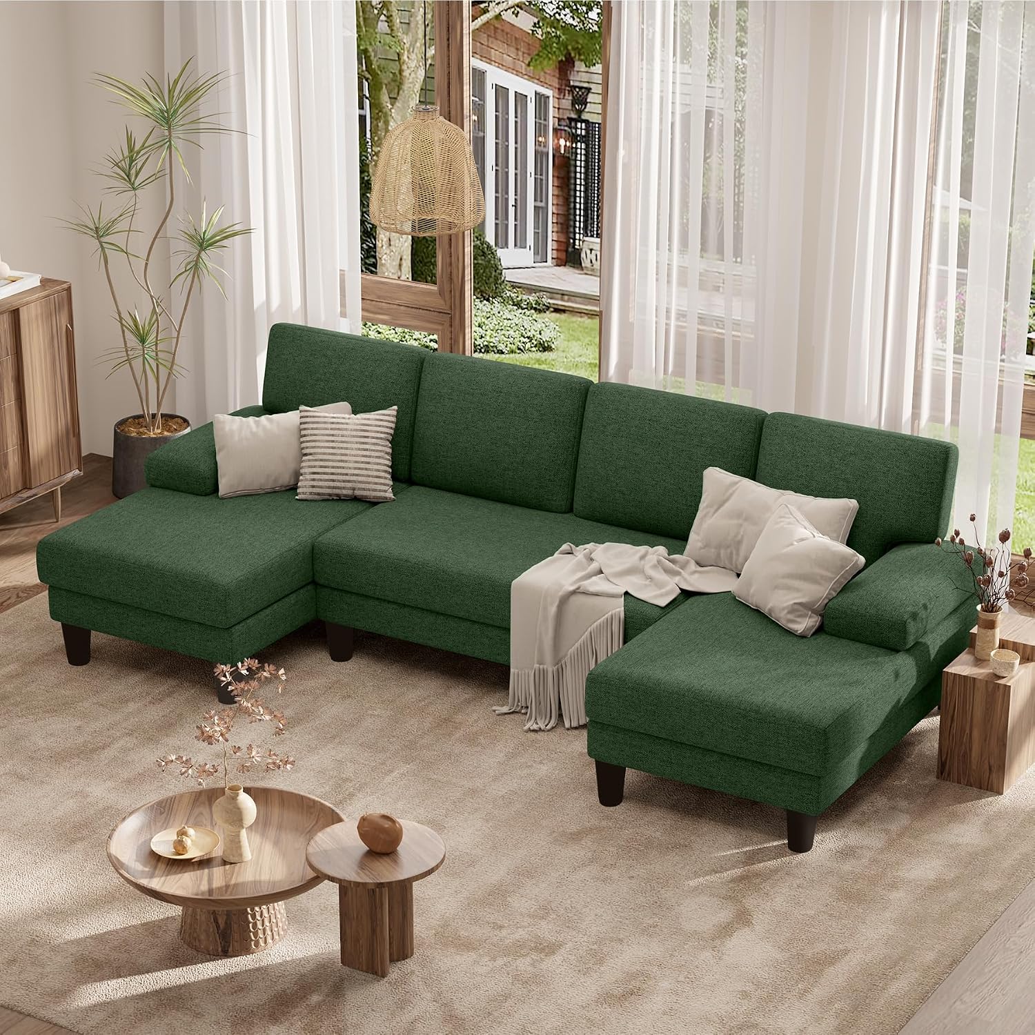 Green Linen U-Shaped Sectional Sofa