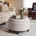 Beige Round Storage Ottoman With Tray Lid