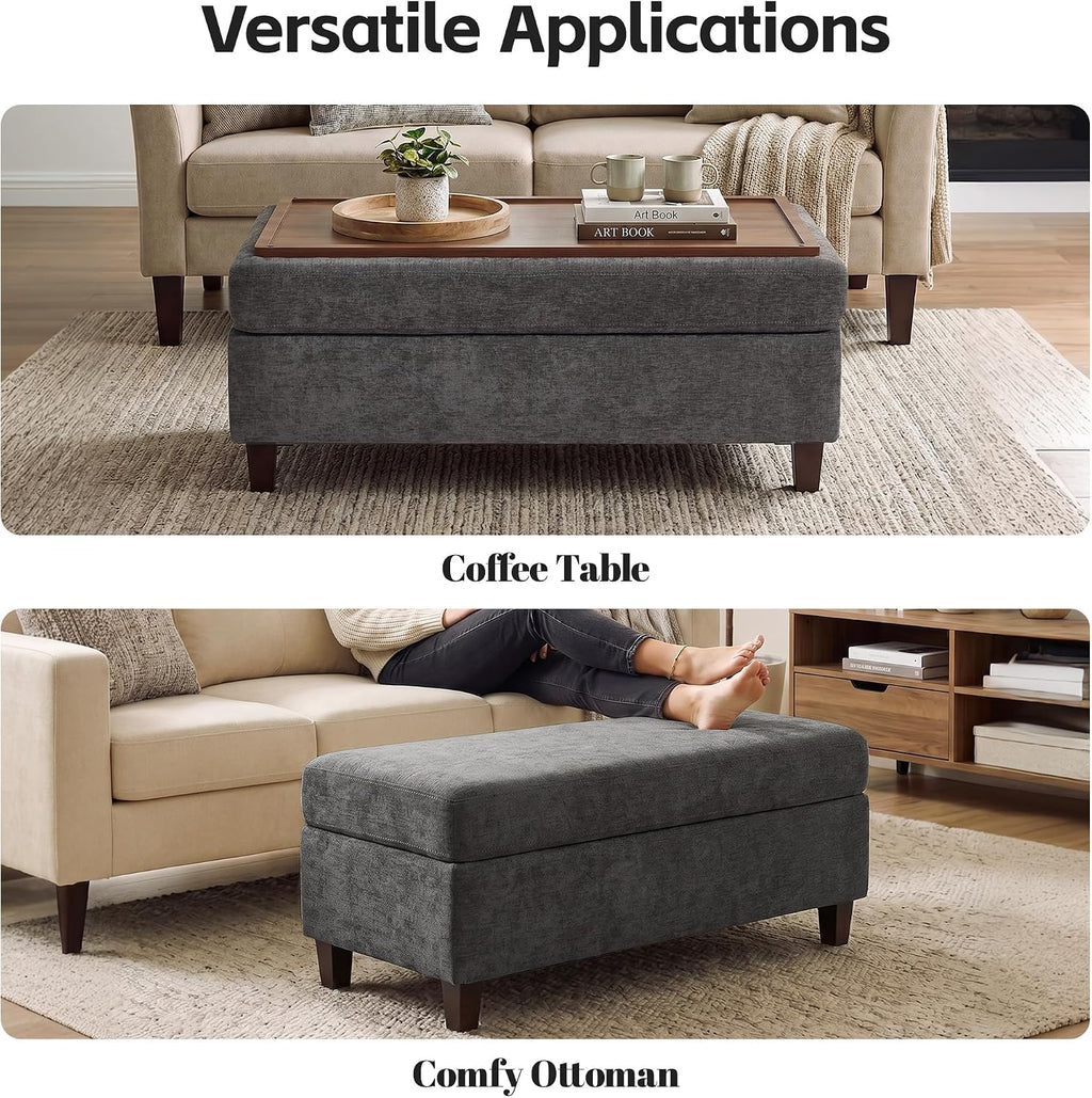 Chenille Storage Ottoman Bench Dark Gray 45"