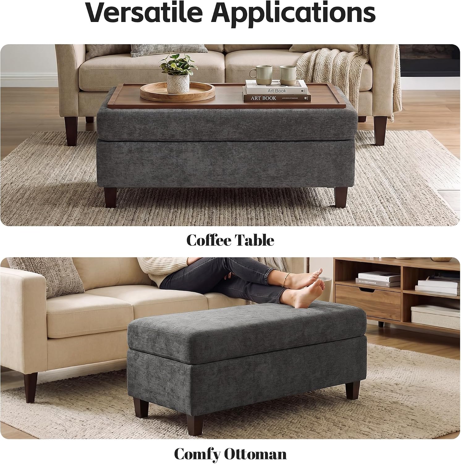 Chenille Storage Ottoman Bench Dark Gray 45"