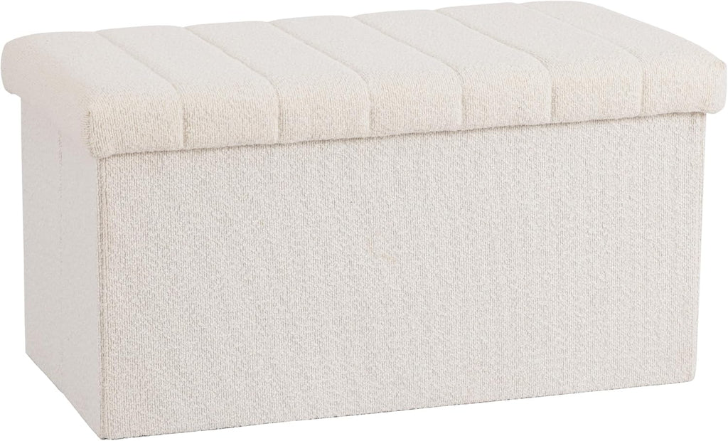 White Boucle Storage Ottoman Bench 30"