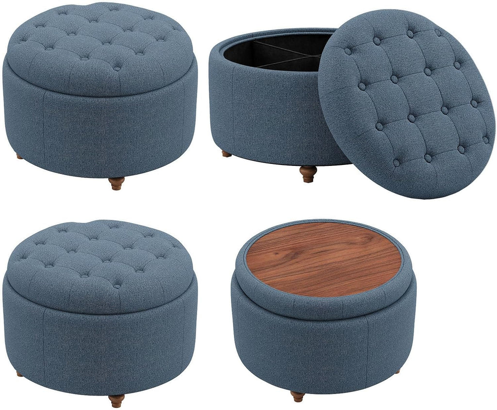 Blue Round Fabric Storage Ottoman With Tray Lid