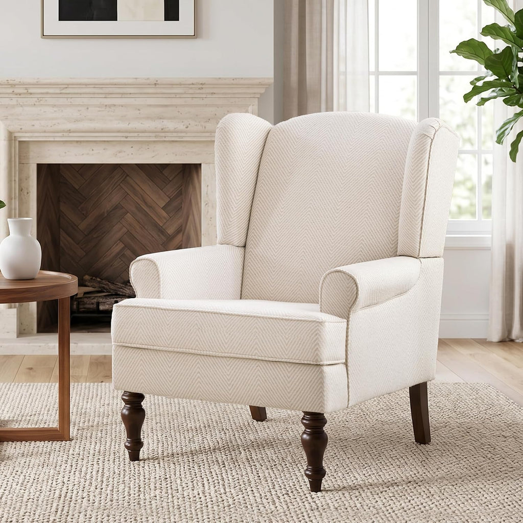 Tan Printed Linen Wingback Accent Chair