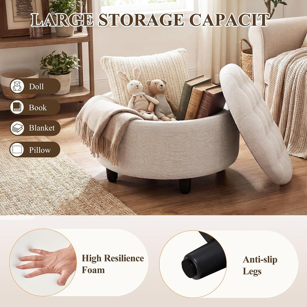 Beige Round Storage Ottoman With Tray Lid
