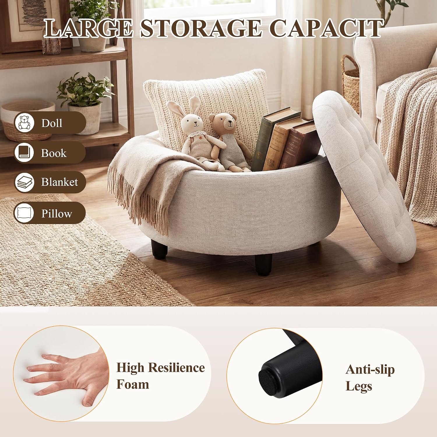 Beige Round Storage Ottoman With Tray Lid