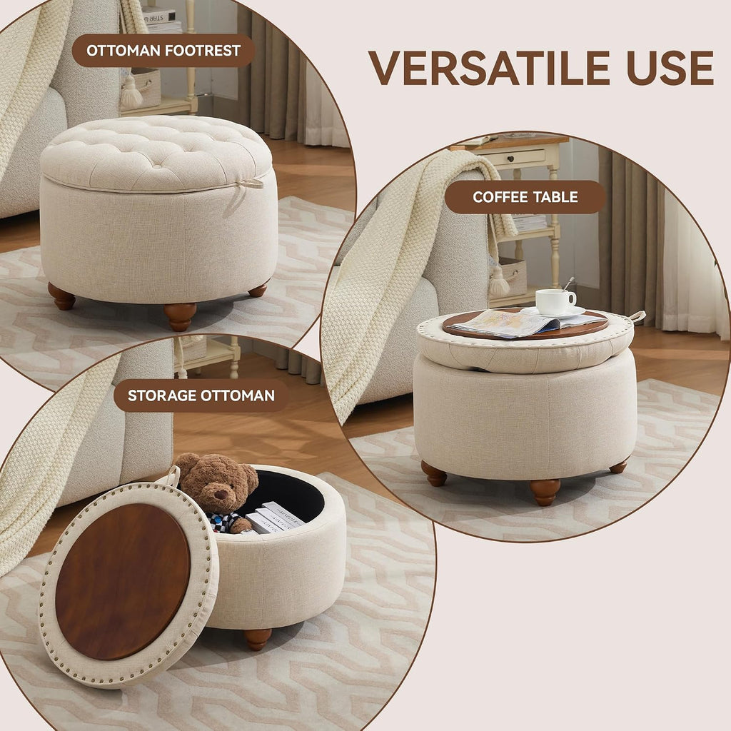 Khaki Round Tufted Storage Ottoman 24"