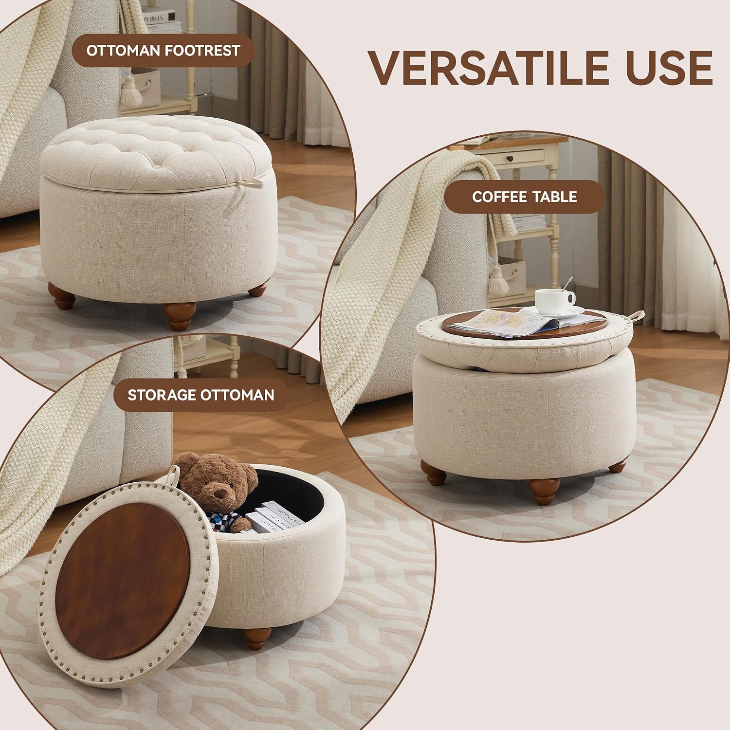 Khaki Round Tufted Storage Ottoman 24"