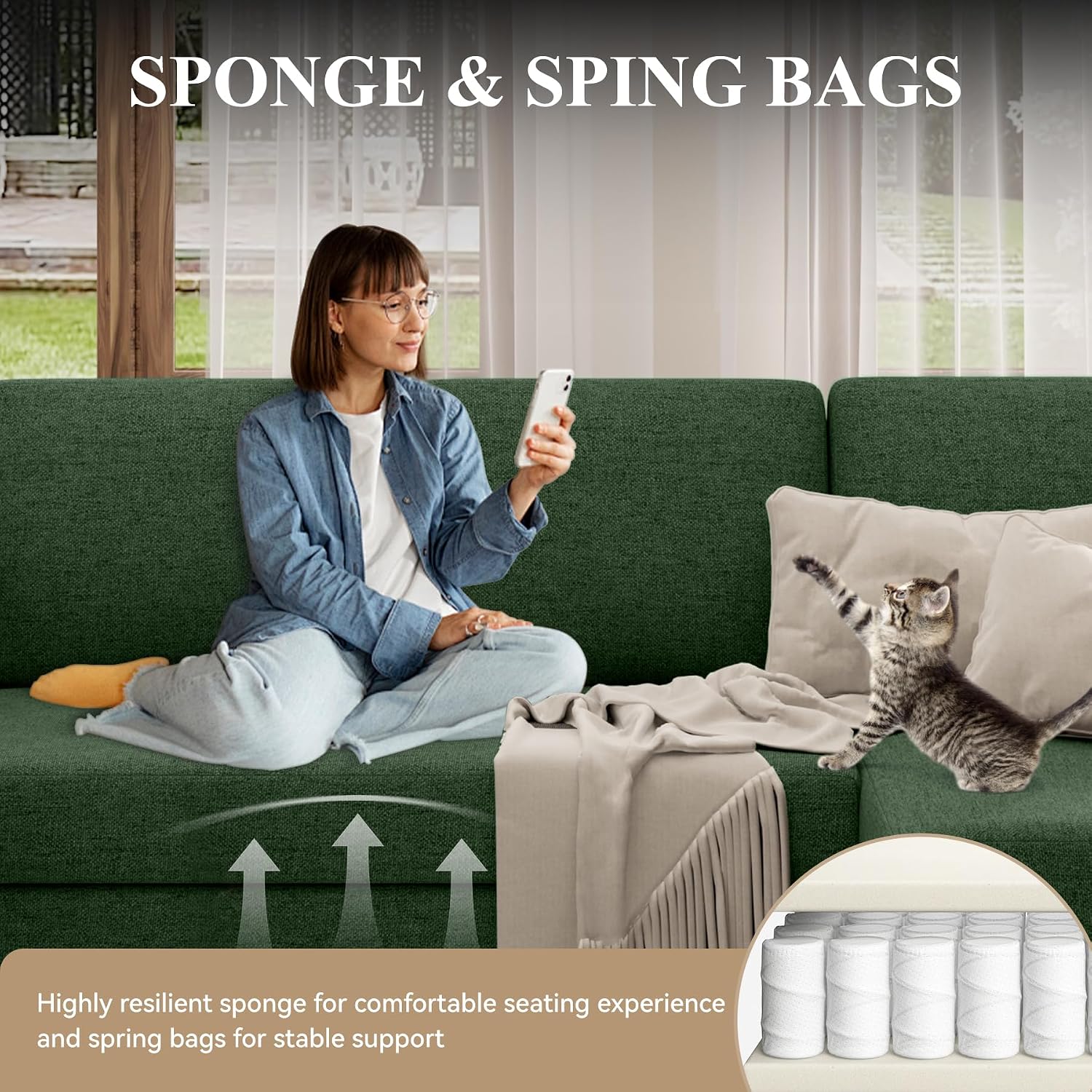 Green Linen U-Shaped Sectional Sofa