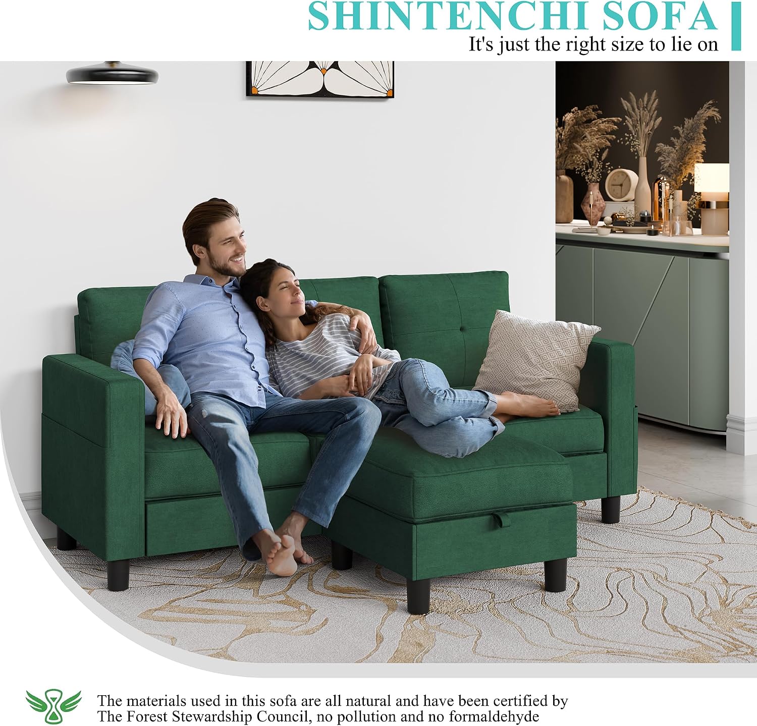 Green Linen L-Shaped Sectional Sofa