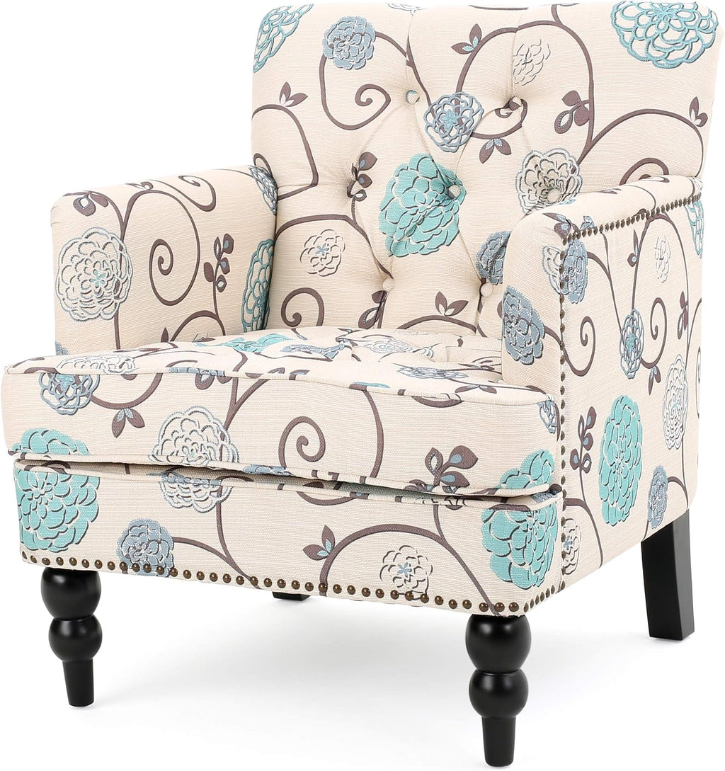 Home White Blue Tufted Club Chair
