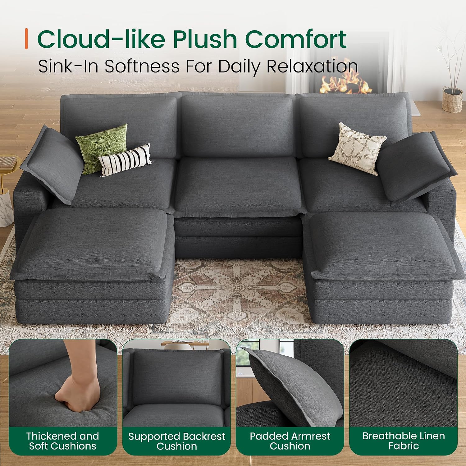 Grey Linen U-Shaped Cloud Sectional Sofa