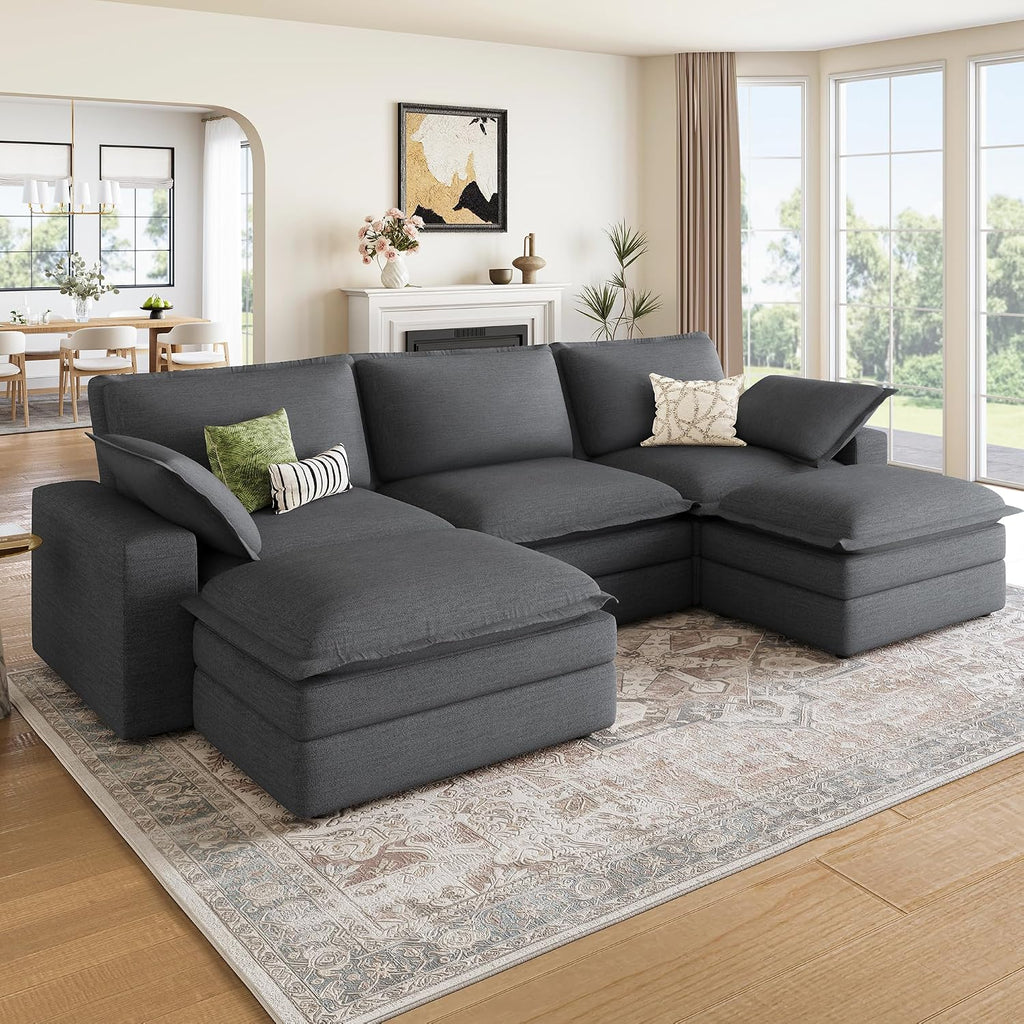 Grey Linen U-Shaped Cloud Sectional Sofa