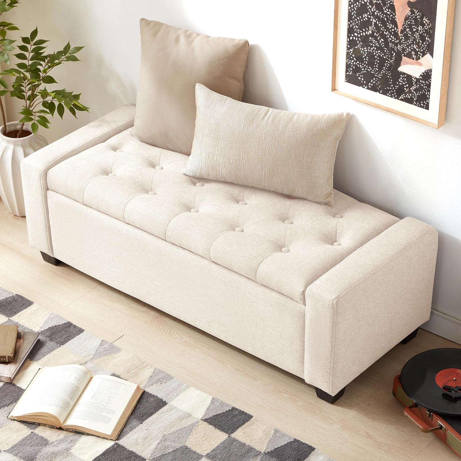 Home Beige Storage Ottoman Bench 48"