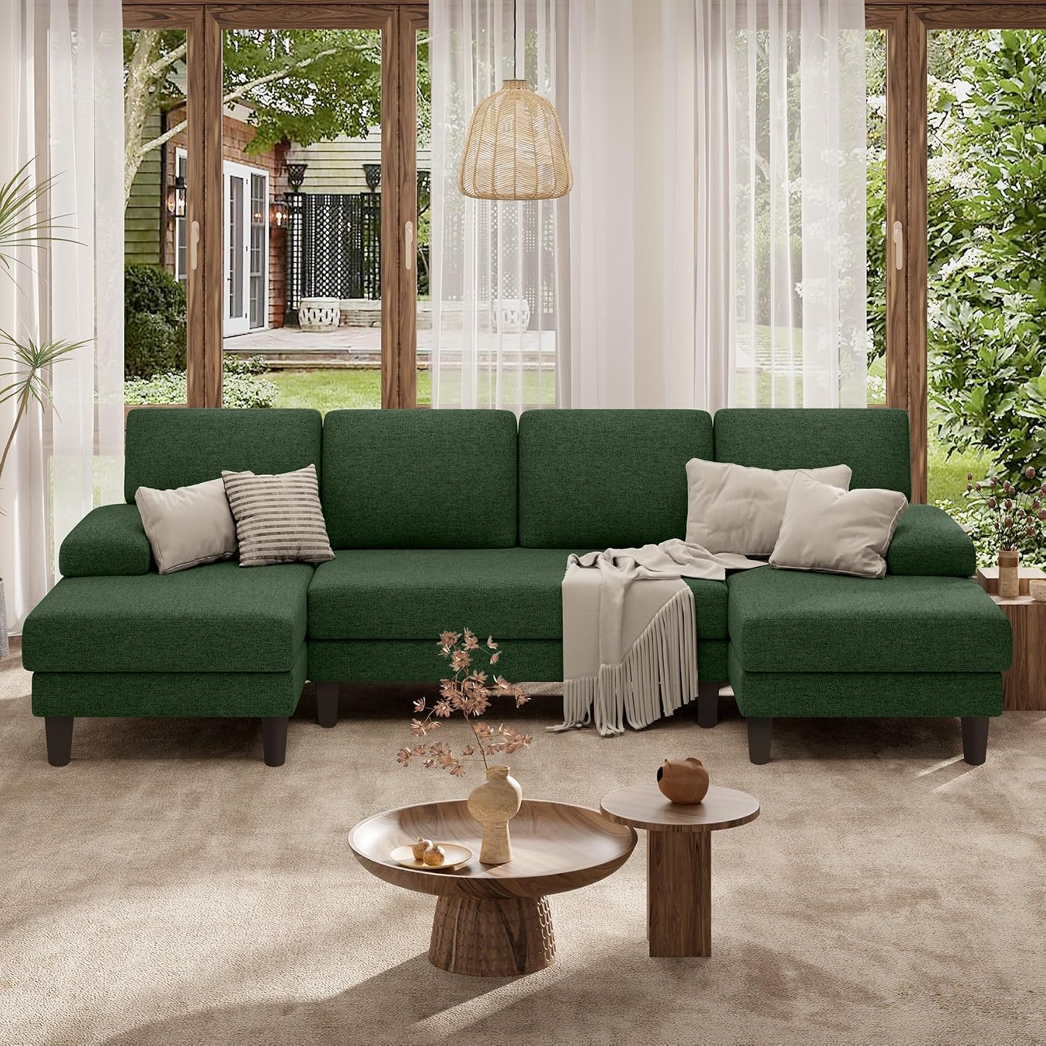 Green Linen U-Shaped Sectional Sofa