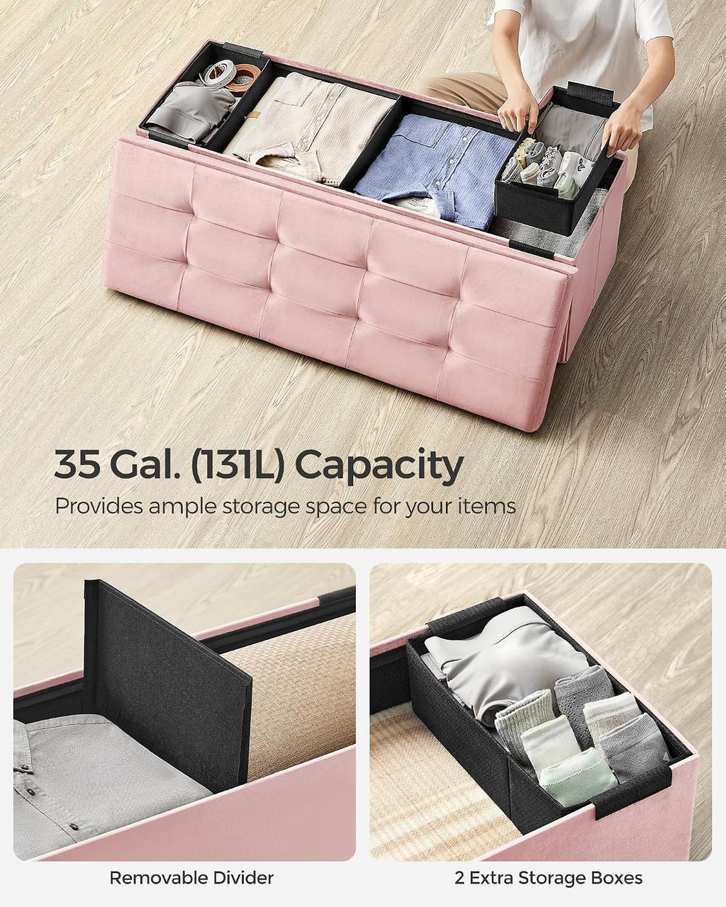 Foldable Storage Ottoman Bench Jelly Pink 43 Inch