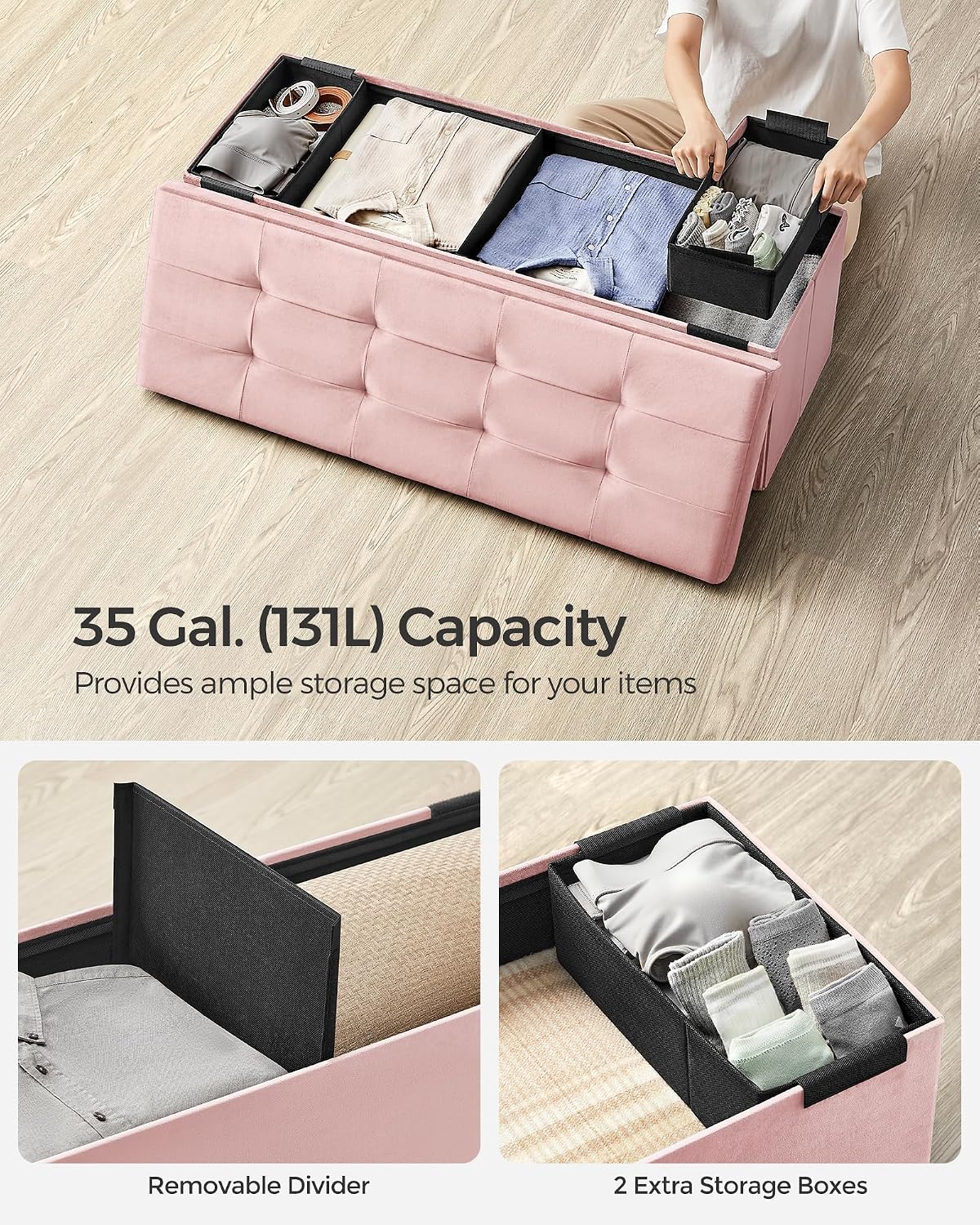Foldable Storage Ottoman Bench Jelly Pink 43 Inch