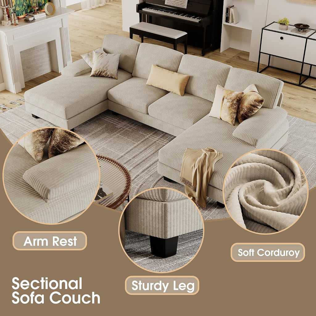 Beige Corduroy U-Shaped Sectional Sofa