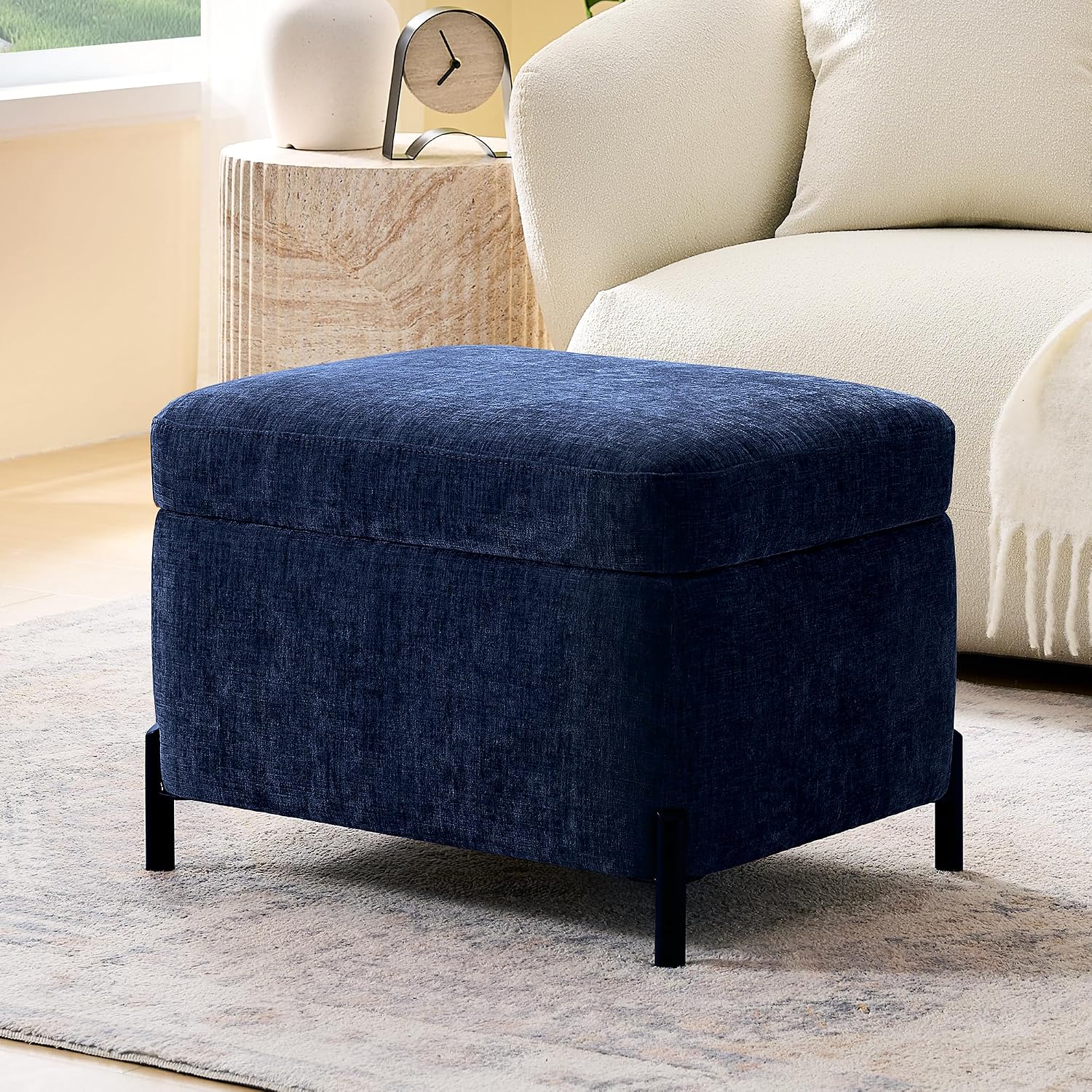 Navy Chenille Storage Ottoman Bench