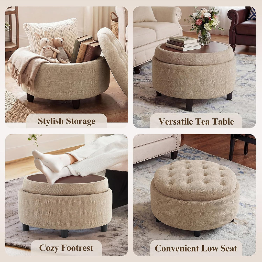 Camel Round Storage Ottoman With Tray Lid