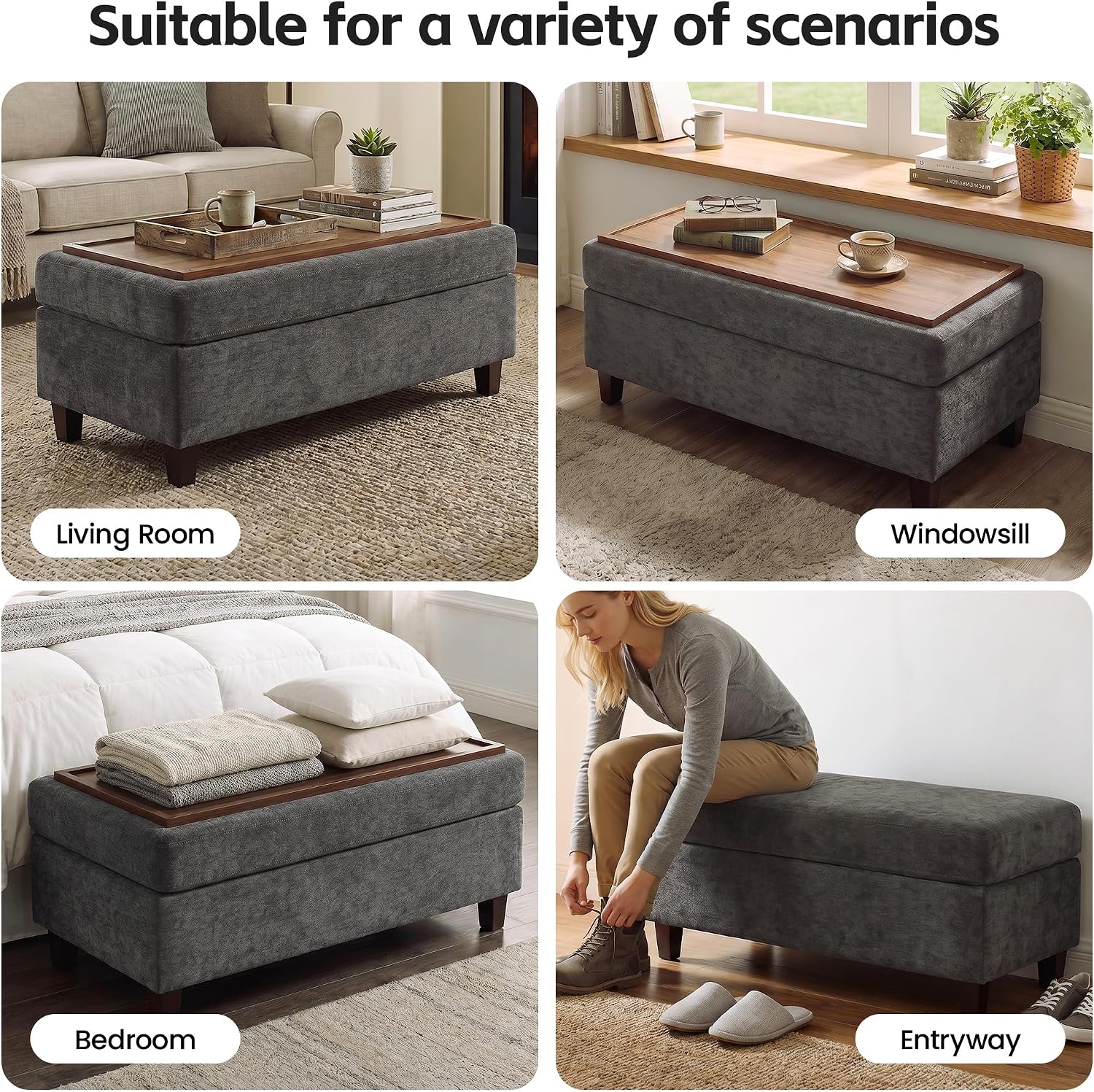 Chenille Storage Ottoman Bench Dark Gray 45"