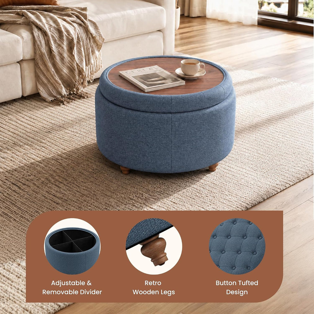 Blue Round Fabric Storage Ottoman With Tray Lid