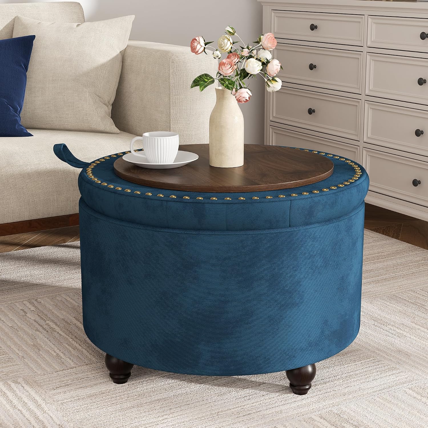 24 Inch Round Tufted Storage Ottoman Blue