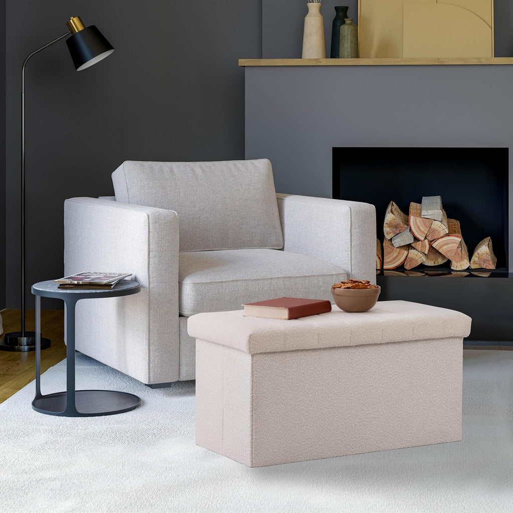 White Boucle Storage Ottoman Bench 30"