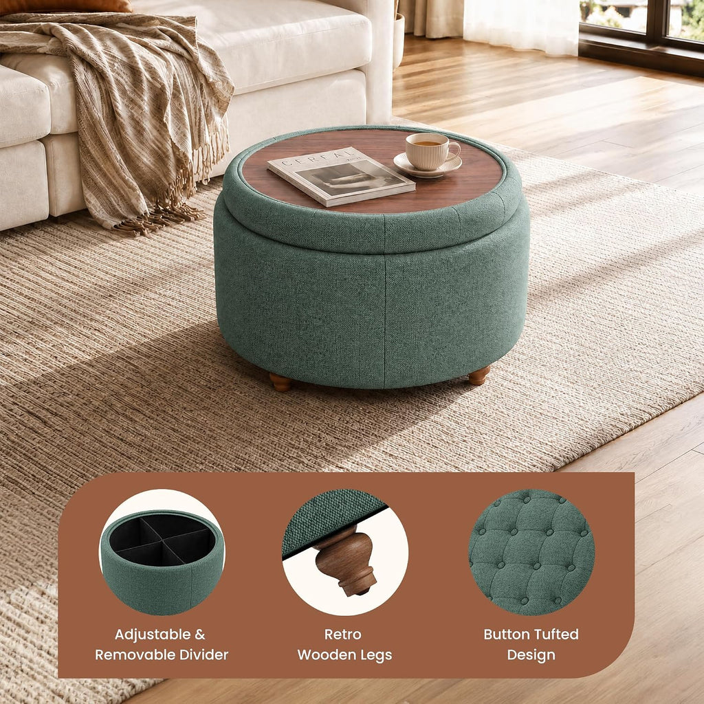 Round Fabric Storage Ottoman Green With Tray Lid