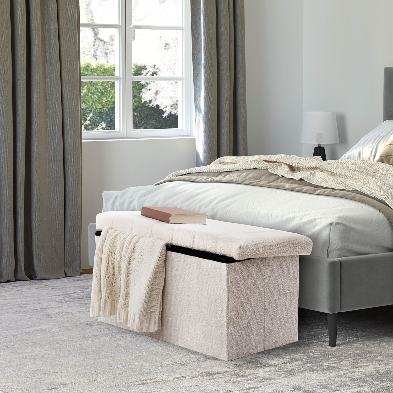 White Boucle Storage Ottoman Bench 30"