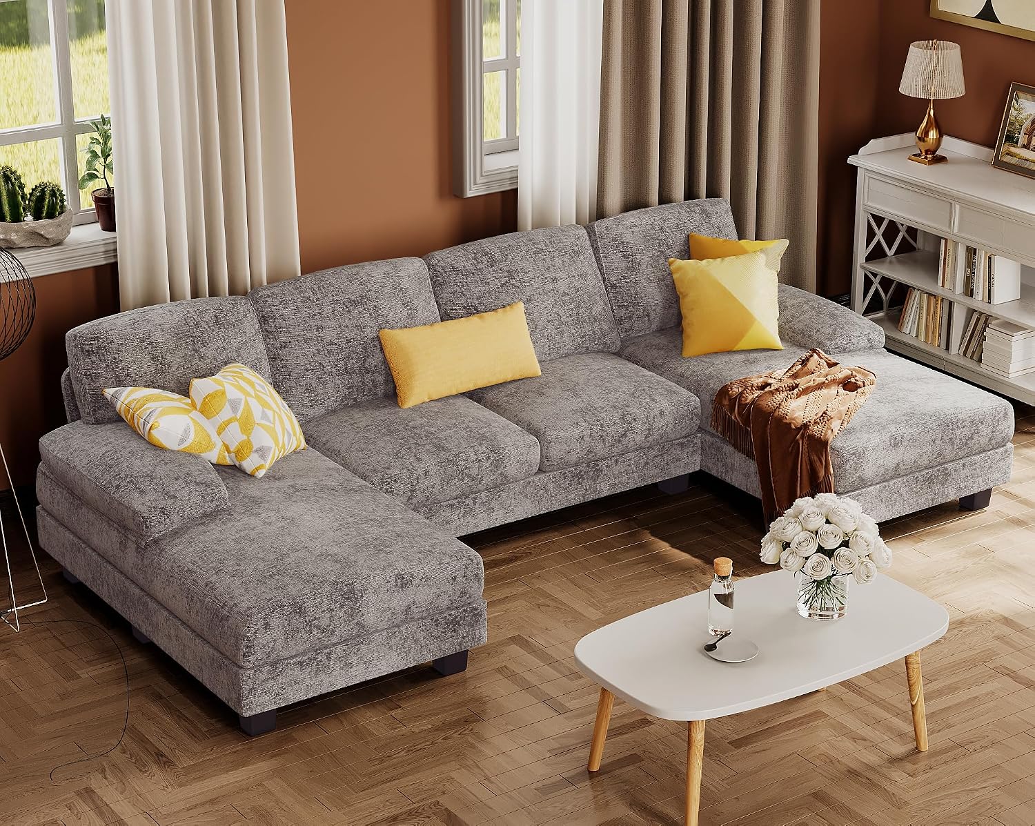 Grey Chenille U-Shaped Sectional Sofa