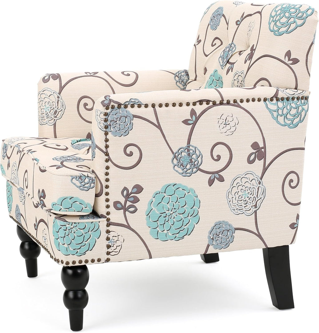 Home White Blue Tufted Club Chair